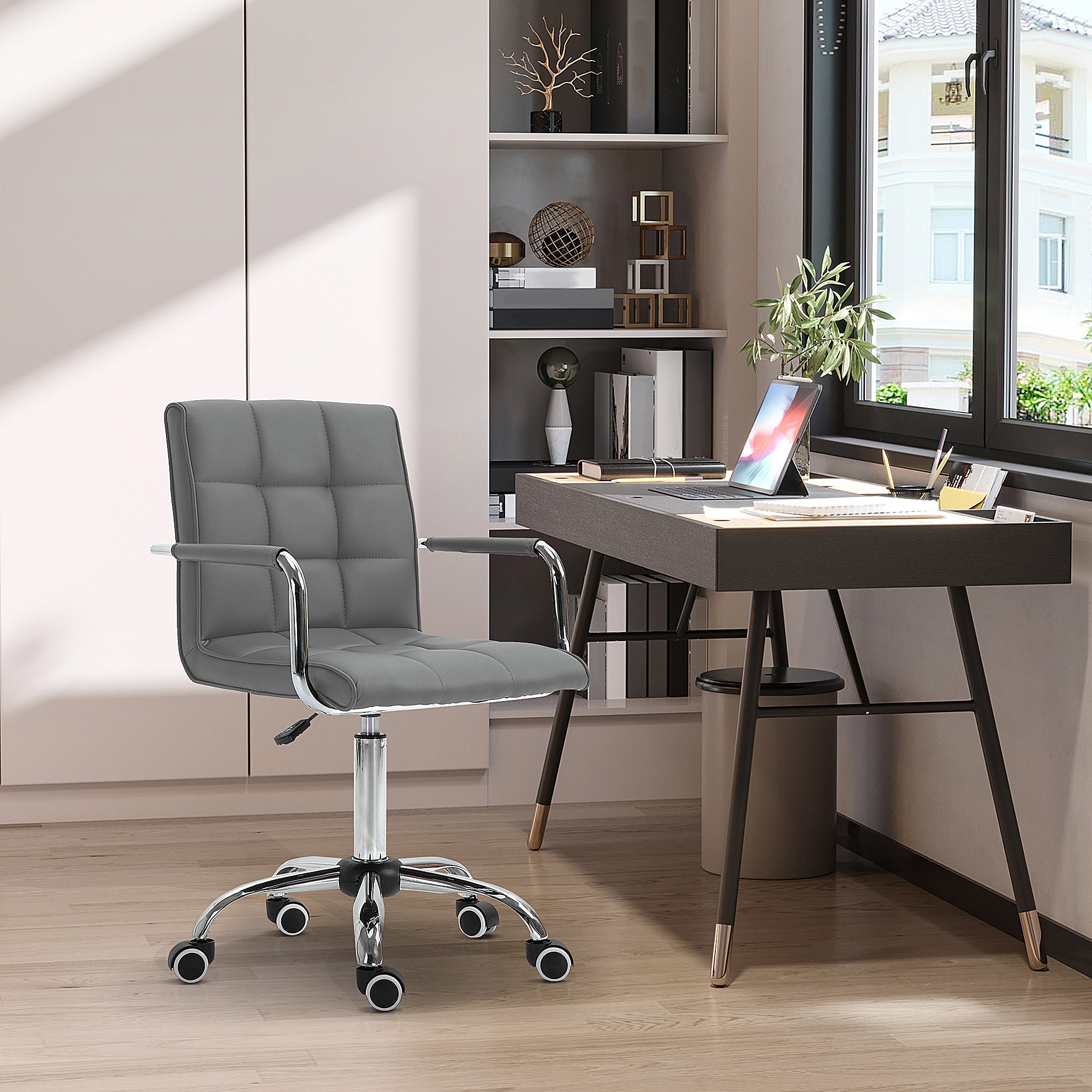Vinsetto PU Leather Home Office Desk Chair, Computer Chair with Mid Back, Arm, Swivel Wheels, Adjustable Height, Grey